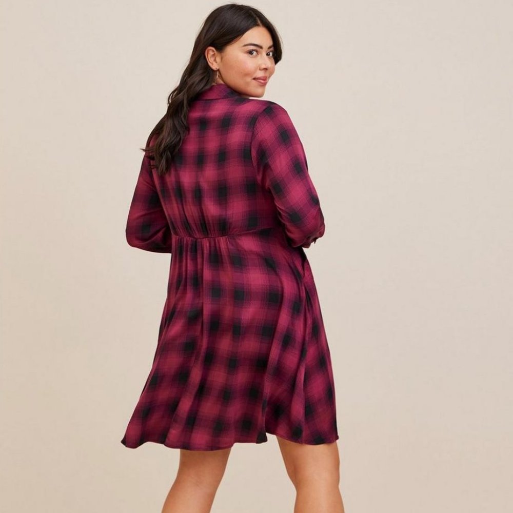 Torrid Mini Challis Collared Shirt Dress Button Front Plaid Pockets Size 1X